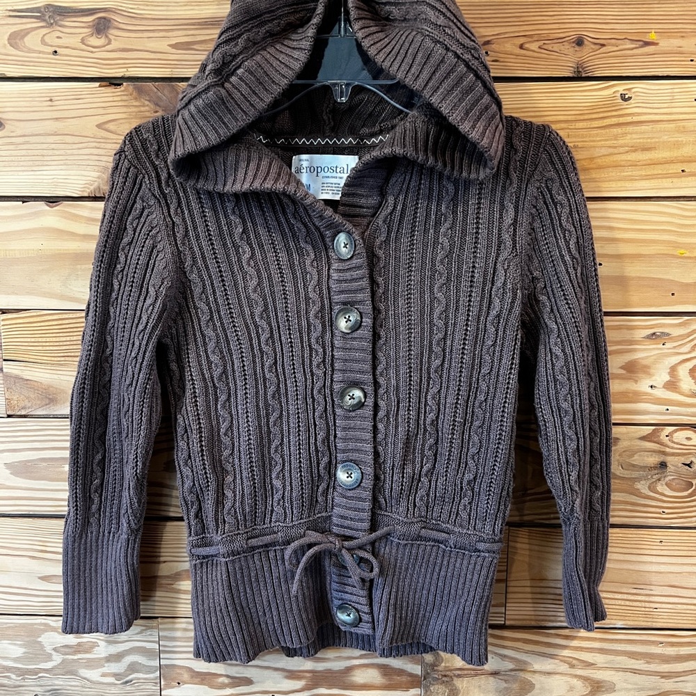 Aeropostale Brown Ribbed Cardigan with Wide Collar